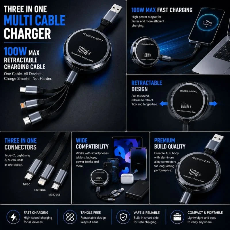 100W Retractable 3-in-1 Fast Charging Cable – Multi Cable Charger with Type-C, Lightning & Micro USB Connectors