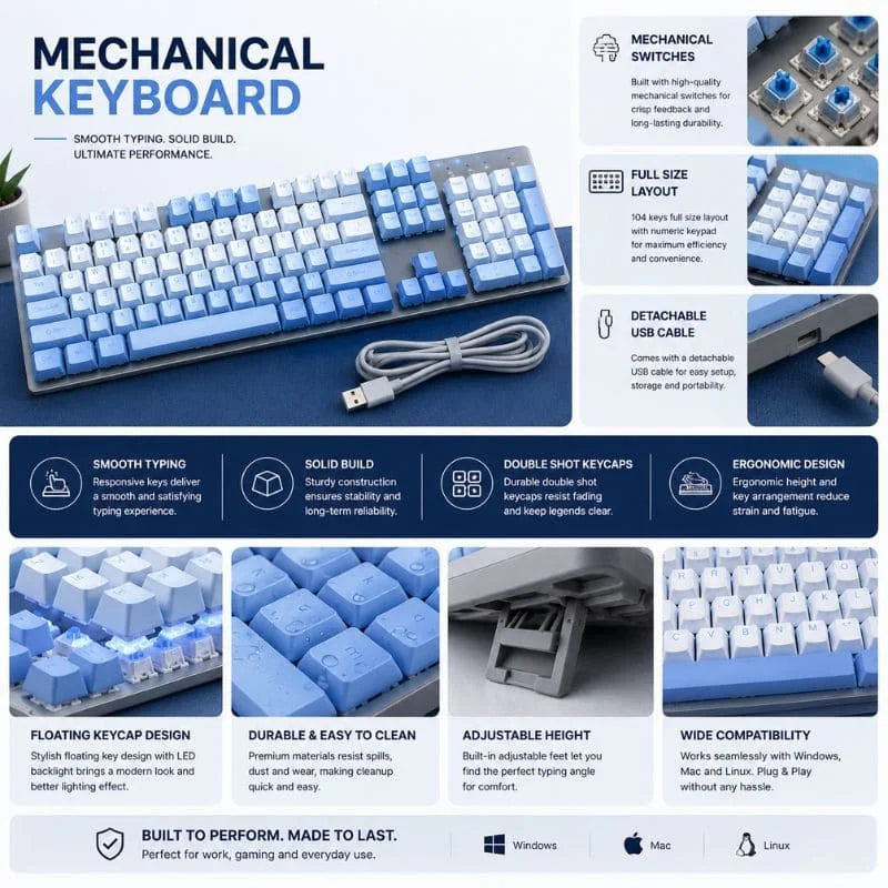 Blue & White Mechanical Gaming Keyboard – Full Size Wired RGB Keyboard for Gaming & Office Use