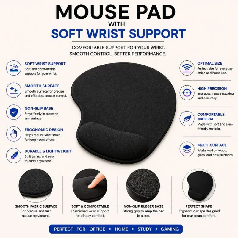 Ergonomic Mouse Pad with Soft Wrist Support – Non-Slip Comfortable Mouse Pad for Office, Gaming & Laptop Use