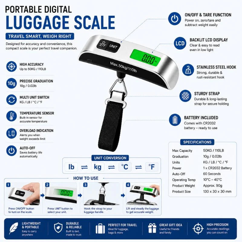 Portable Digital Luggage Scale 50KG with LCD Display and Hanging Strap for Travel Bags