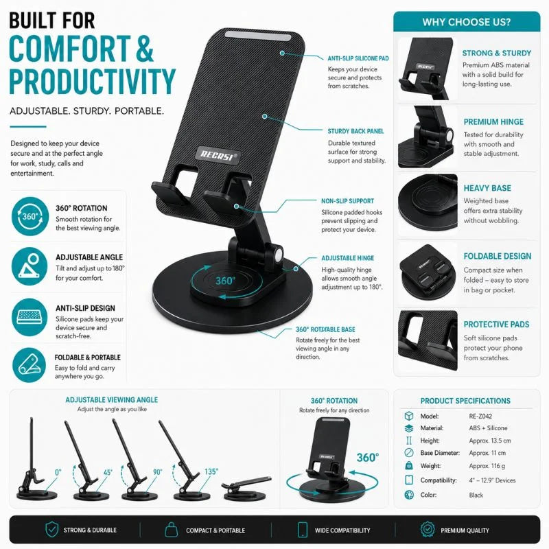 REGRSI RE-Z042 Foldable Rotatable Desktop Phone & Tablet Stand | 360° Adjustable Mobile Holder