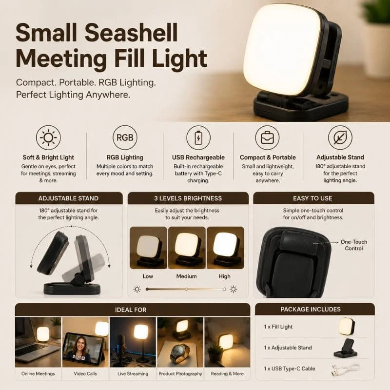 RGB Small Seashell Meeting Fill Light – Portable USB Rechargeable LED Video Light with Adjustable Stand