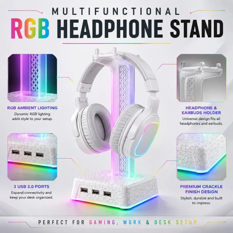 RGB Transparent Gaming Headphone Stand with USB Hub and Ambient RGB Lighting for PC Desk Setup