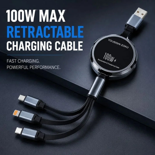 100W Retractable 3-in-1 Fast Charging Cable – Multi Cable Charger with Type-C, Lightning & Micro USB Connectors