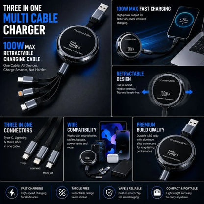 100W Retractable 3-in-1 Fast Charging Cable – Multi Cable Charger with Type-C, Lightning & Micro USB Connectors