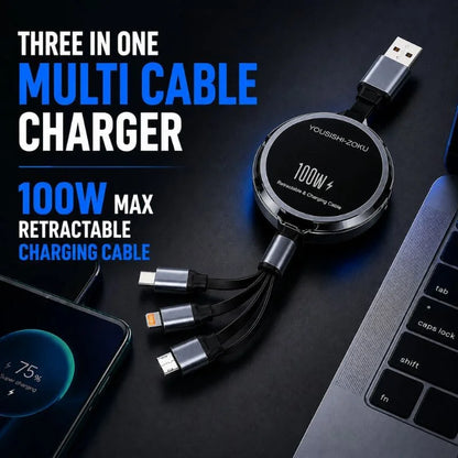 100W Retractable 3-in-1 Fast Charging Cable – Multi Cable Charger with Type-C, Lightning & Micro USB Connectors