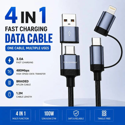 4-in-1 Fast Charging Data Cable – USB to Type-C & Lightning Braided Cable