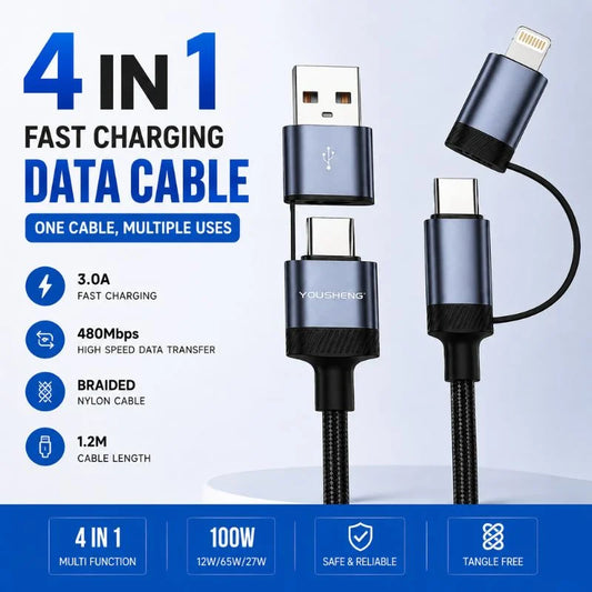 4-in-1 Fast Charging Data Cable – USB to Type-C & Lightning Braided Cable