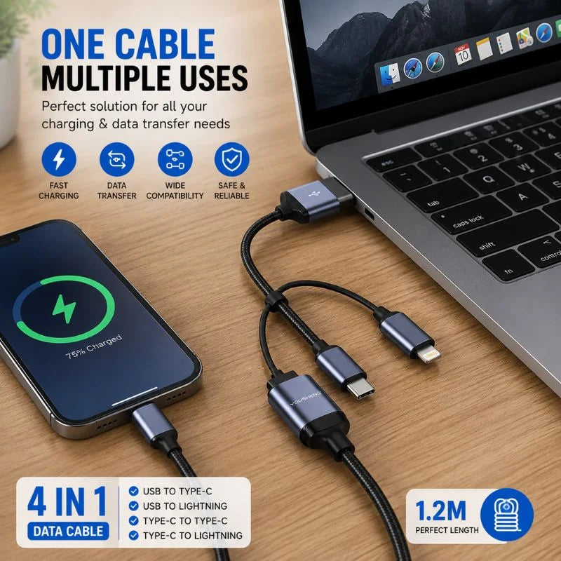 4-in-1 Fast Charging Data Cable – USB to Type-C & Lightning Braided Cable
