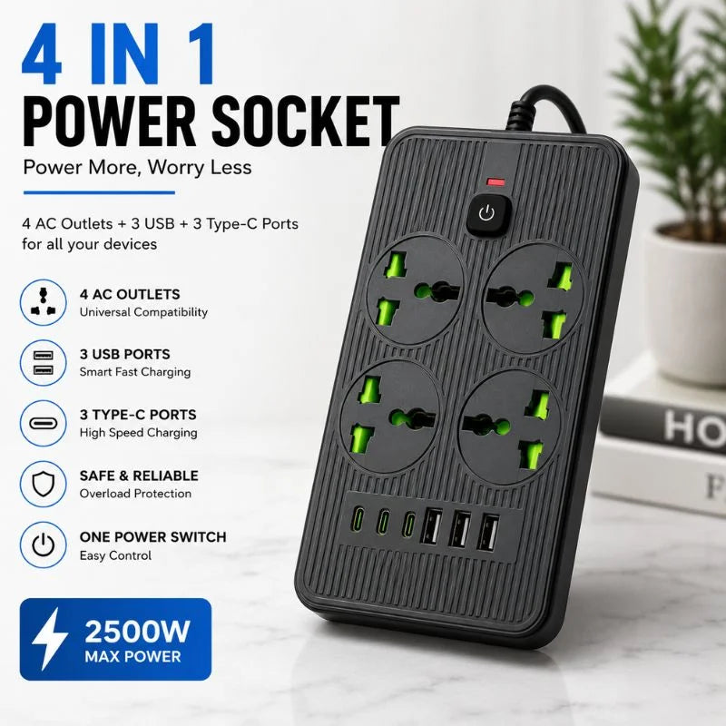 4-in-1 power socket with USB and Type-C charging ports