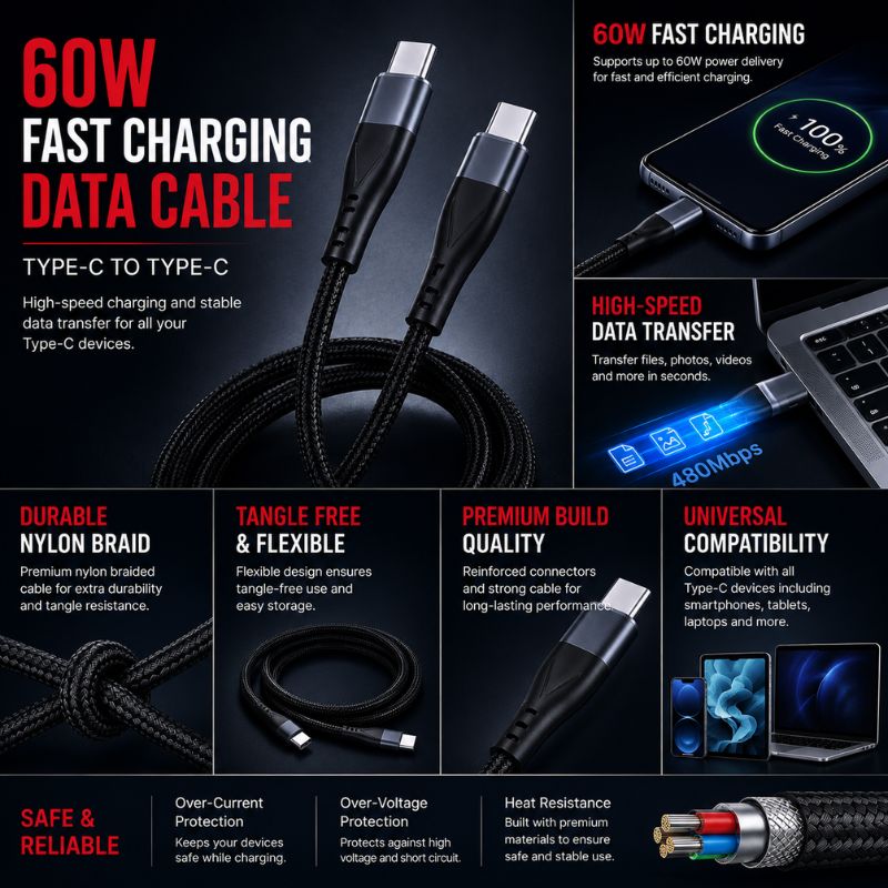 60W Type-C to Type-C Fast Charging Data Cable – Nylon Braided USB-C Cable for Fast Charging & Data Transfer