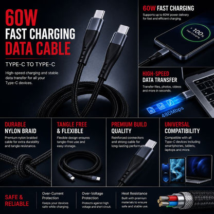 60W Type-C to Type-C Fast Charging Data Cable – Nylon Braided USB-C Cable for Fast Charging & Data Transfer