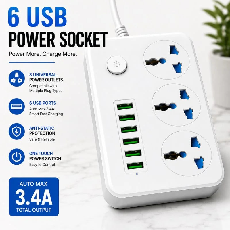 6 USB power socket with 3 universal outlets and one-touch power switch