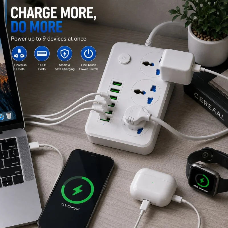6 USB power socket with 3 universal outlets and one-touch power switch