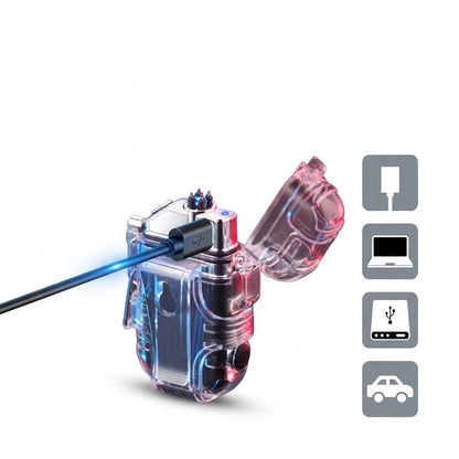 Transparent Dual Arc Electric Lighter with COB LED Flashlight – USB Rechargeable Windproof Lighter