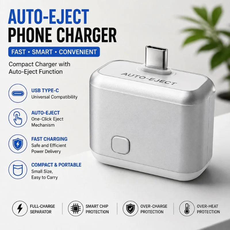 Auto-eject Type-C phone charger with one-click eject button