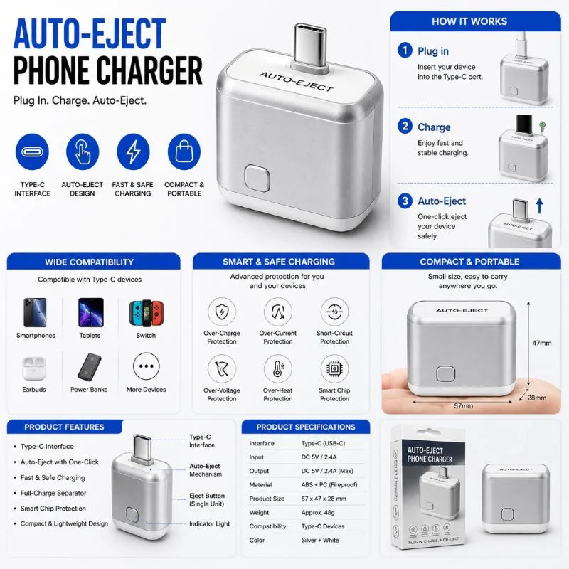 Auto-eject Type-C phone charger with one-click eject button
