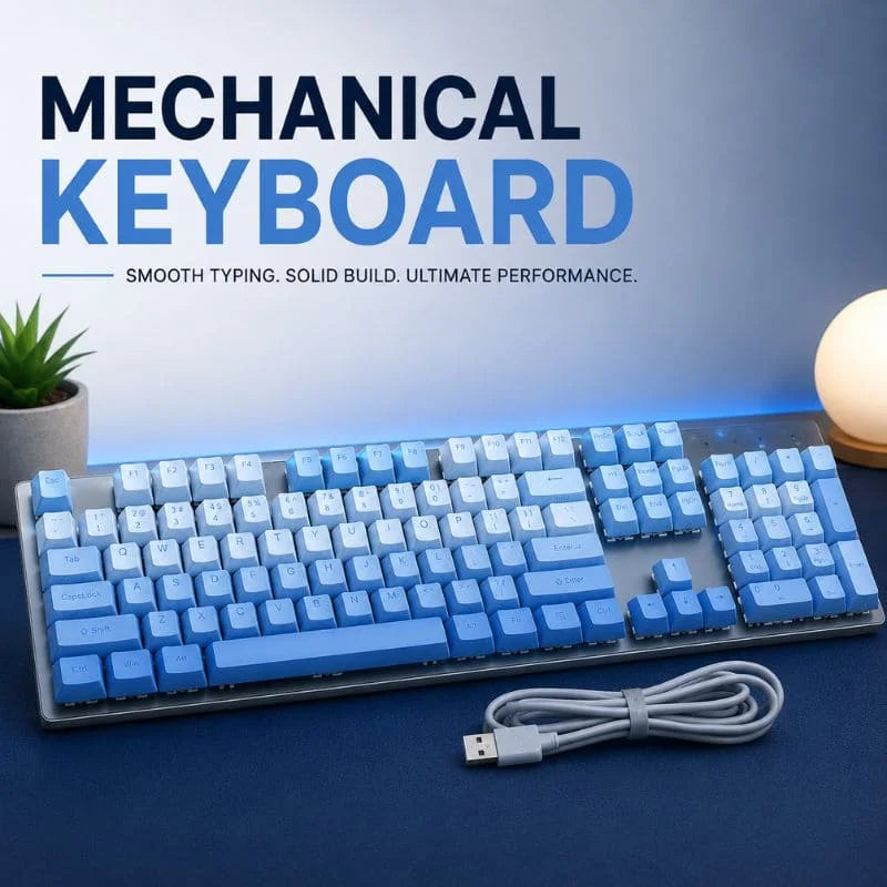 Blue & White Mechanical Gaming Keyboard – Full Size Wired RGB Keyboard for Gaming & Office Use