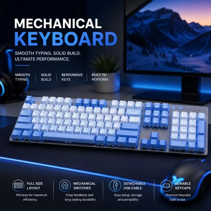 Blue & White Mechanical Gaming Keyboard – Full Size Wired RGB Keyboard for Gaming & Office Use