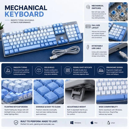 Blue & White Mechanical Gaming Keyboard – Full Size Wired RGB Keyboard for Gaming & Office Use