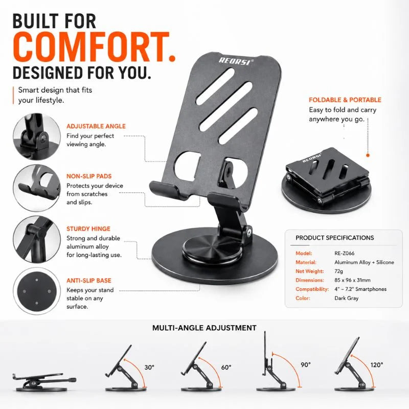 Foldable Aluminum Desktop Phone Stand – Adjustable Mobile Holder for iPhone & Android