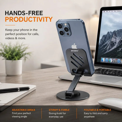 Foldable Aluminum Desktop Phone Stand – Adjustable Mobile Holder for iPhone & Android