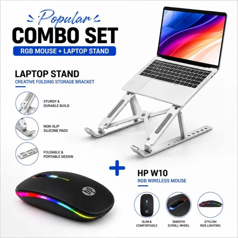 HP W10 RGB Wireless Mouse & Foldable Aluminum Laptop Stand Combo Set