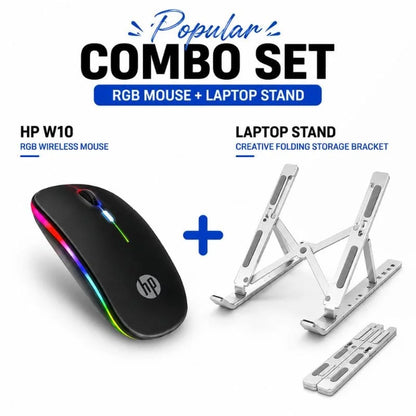 HP W10 RGB Wireless Mouse & Foldable Aluminum Laptop Stand Combo Set