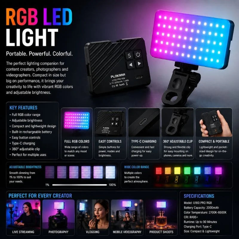 PLOKAMA U160 PRO RGB LED Video Light – Portable Rechargeable Camera & Mobile Fill Light