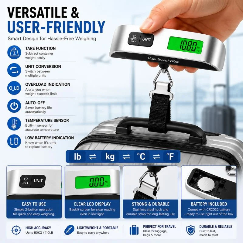 Portable Digital Luggage Scale 50KG with LCD Display and Hanging Strap for Travel Bags