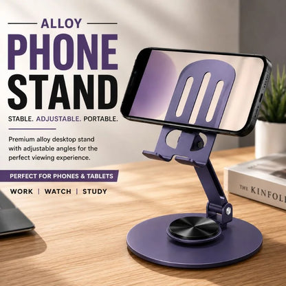 Premium Alloy Foldable Phone and Tablet Stand with 360-degree rotating base and adjustable viewing angle.
