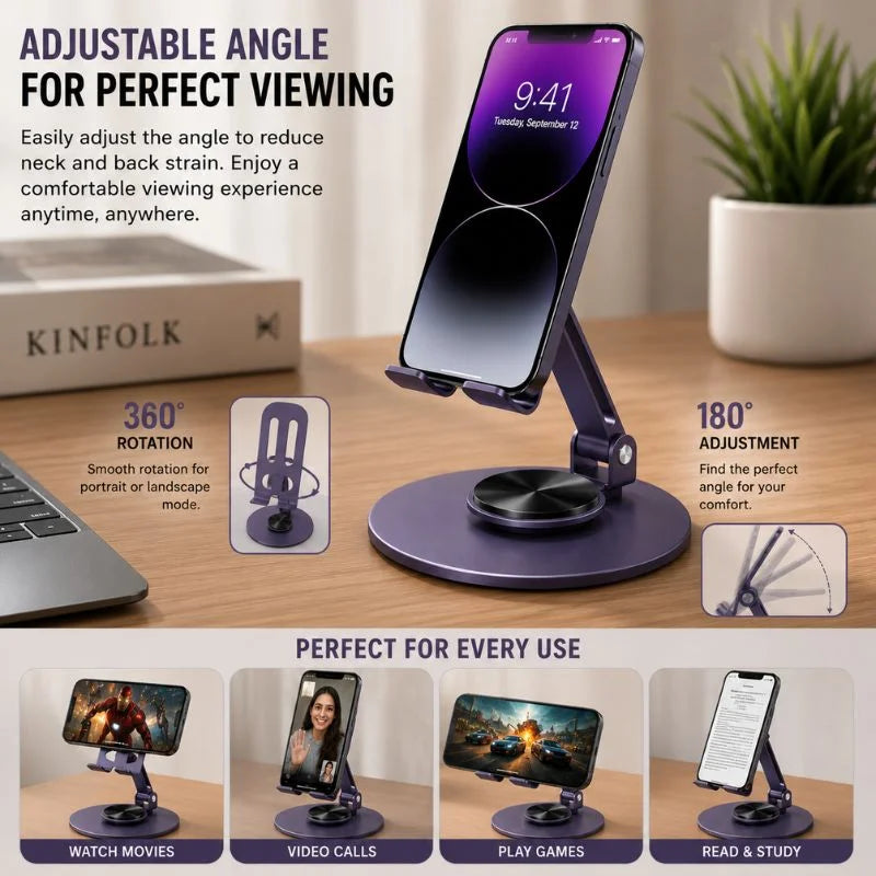 Premium Alloy Foldable Phone and Tablet Stand with 360-degree rotating base and adjustable viewing angle.