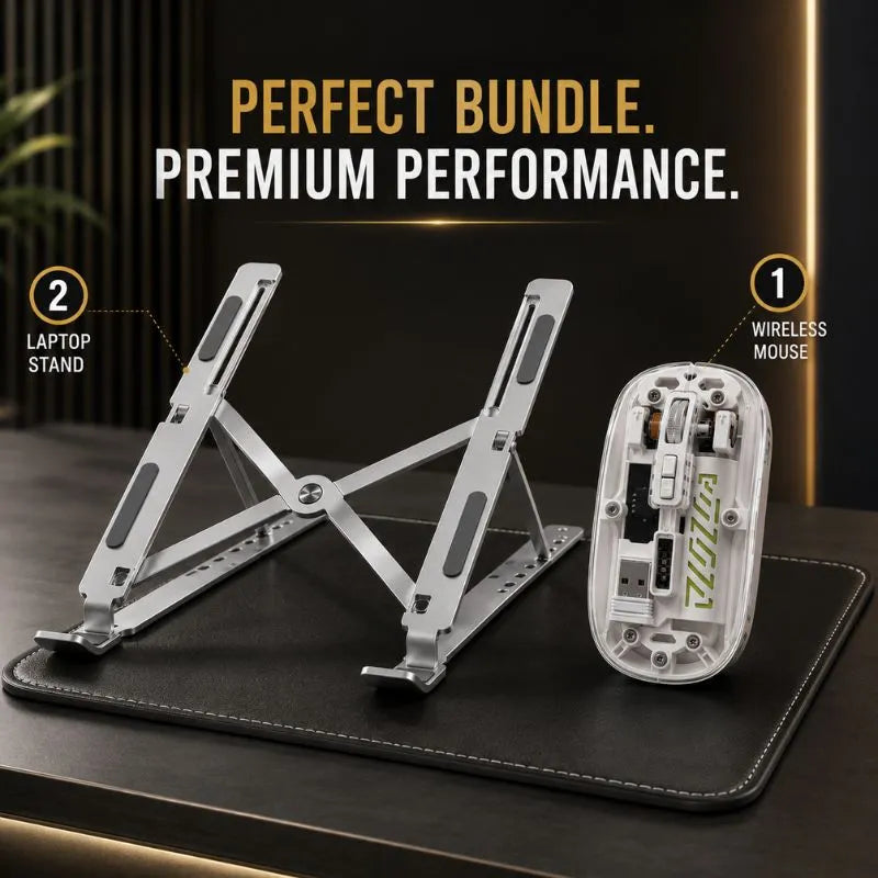 Premium Laptop Stand & Dual-Mode Wireless Mouse Bundle  Adjustable Aluminum Stand + Bluetooth Transparent Dual Mode Wireless Mouse