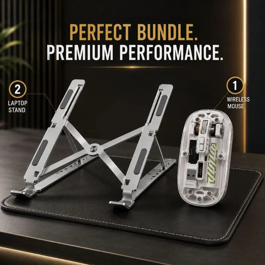 Premium Laptop Stand & Dual-Mode Wireless Mouse Bundle  Adjustable Aluminum Stand + Bluetooth Transparent Dual Mode Wireless Mouse