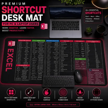 Premium Shortcut Key XXL Desk Mat for PC and Laptop users featuring Excel, Word, Photoshop and CAD shortcut keys.