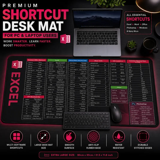 Premium Shortcut Key XXL Desk Mat for PC and Laptop users featuring Excel, Word, Photoshop and CAD shortcut keys.