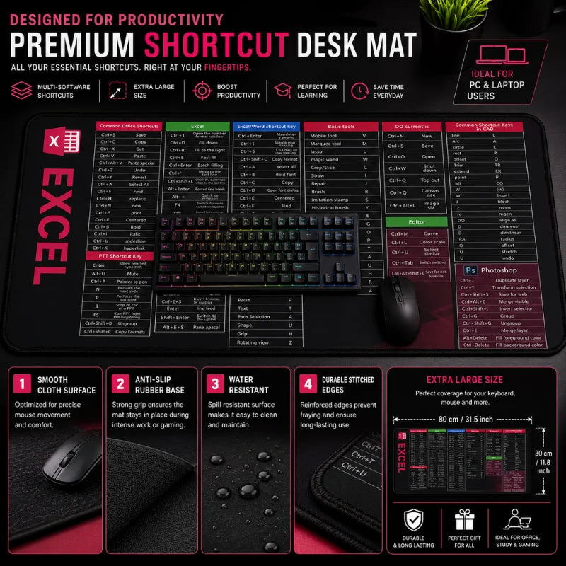 Premium Shortcut Key XXL Desk Mat for PC and Laptop users featuring Excel, Word, Photoshop and CAD shortcut keys.