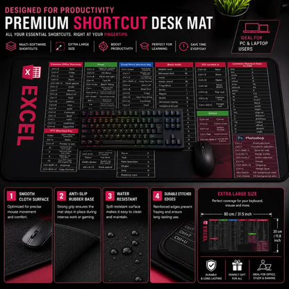 Premium Shortcut Key XXL Desk Mat for PC and Laptop users featuring Excel, Word, Photoshop and CAD shortcut keys.