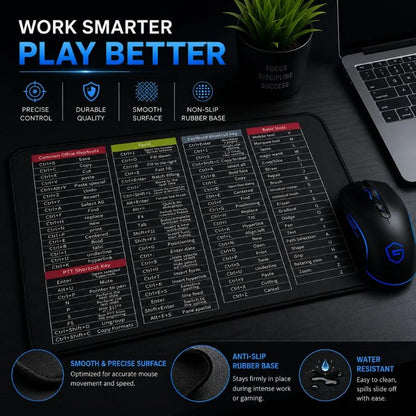 Premium Shortcut Key Mouse Pad with Office, Excel, Word and Photoshop keyboard shortcuts.