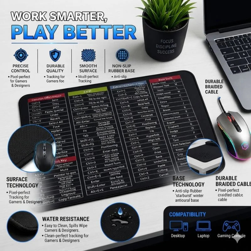 Premium Shortcut Key Mouse Pad with Office, Excel, Word and Photoshop keyboard shortcuts.