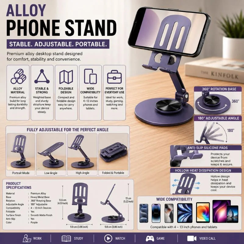 Premium Alloy Foldable Phone and Tablet Stand with 360-degree rotating base and adjustable viewing angle.