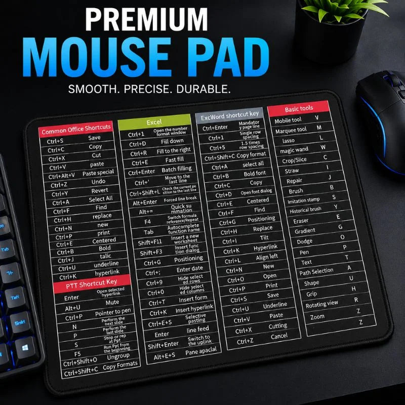 Premium Shortcut Key Mouse Pad with Office, Excel, Word and Photoshop keyboard shortcuts.