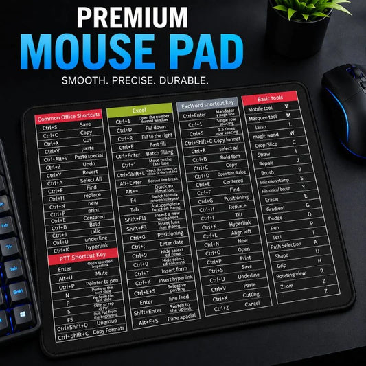 Premium Shortcut Key Mouse Pad with Office, Excel, Word and Photoshop keyboard shortcuts.