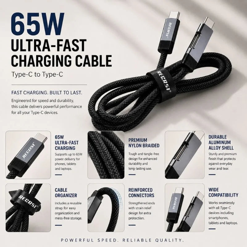 RECRSI 65W Ultra-Fast Type-C to Type-C Braided Charging Cable – Fast Charging & Data Sync Cable