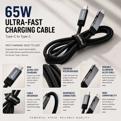RECRSI 65W Ultra-Fast Type-C to Type-C Braided Charging Cable – Fast Charging & Data Sync Cable