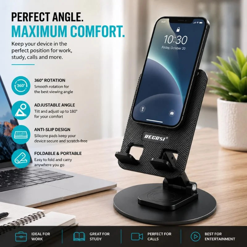 REGRSI RE-Z042 Foldable Rotatable Desktop Phone & Tablet Stand | 360° Adjustable Mobile Holder