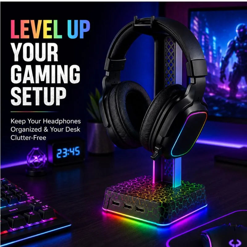 RGB Gaming Headphone Stand with 3 USB Ports and Dynamic RGB Lighting for Gaming Desk Setup