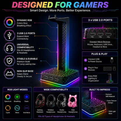 RGB Gaming Headphone Stand with 3 USB Ports and Dynamic RGB Lighting for Gaming Desk Setup