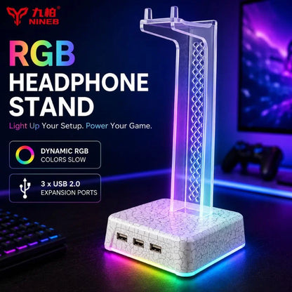 RGB Transparent Gaming Headphone Stand with USB Hub and Ambient RGB Lighting for PC Desk Setup