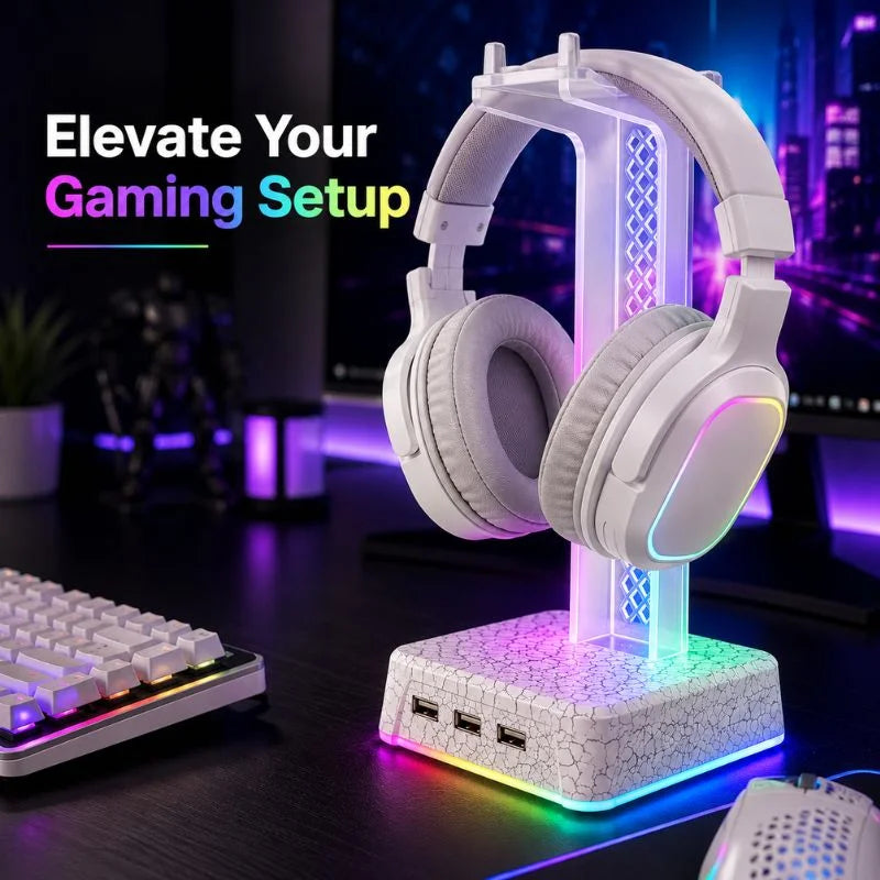 RGB Transparent Gaming Headphone Stand with USB Hub and Ambient RGB Lighting for PC Desk Setup